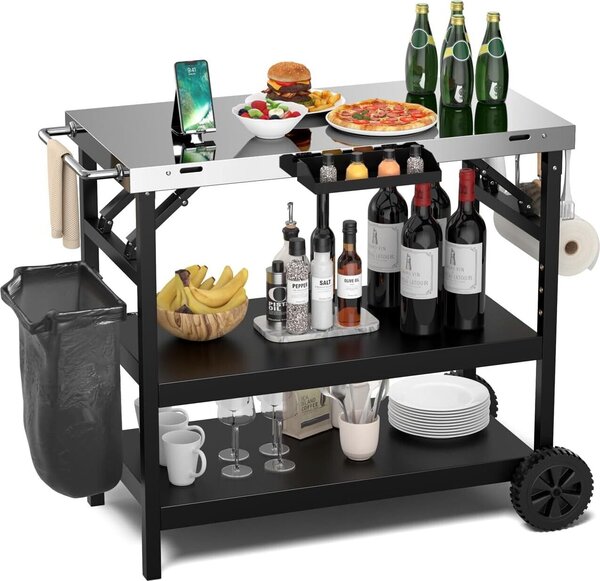 Carrello barbecue pieghevole KOMFOTTEU, tavolo da barbecue con piano di lavoro in acciaio inossidabile, carrello da esterno con 2 ruote, carrello da servizio con ripiano regolabile, supporto per cellulare e portasciugamani, nero