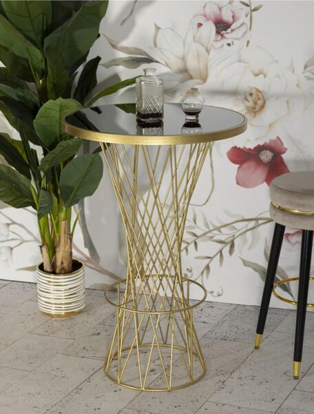 Tavolo bar Tower New, design slanciato Struttura dorata intrecciata dimensioni � 70x h103 cm ripiano nero telaio Oro