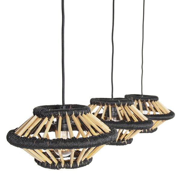 Lampada a sospensione orientale in bambù con paralumi neri oblunghi a 3 luci - Evalin