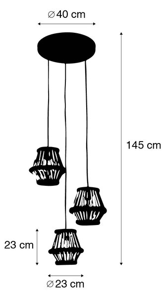 Lampada a sospensione orientale in bambù con paralume rotondo nero 3 luci - Evalin