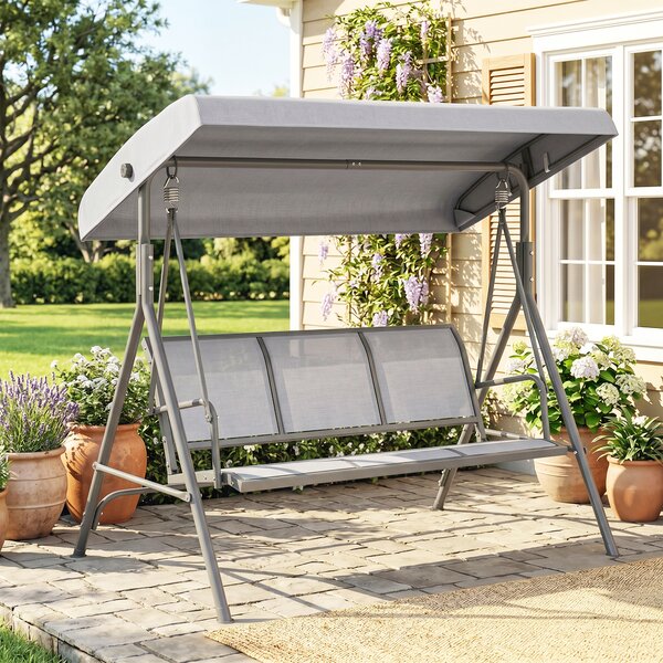 Outsunny Dondolo Giardino 3 Posti con Tettuccio Regolabile in Acciaio e Tessuto Poliestere, Dondolo da Esterno, 175x118x159cm, Grigio | Aosom Italy