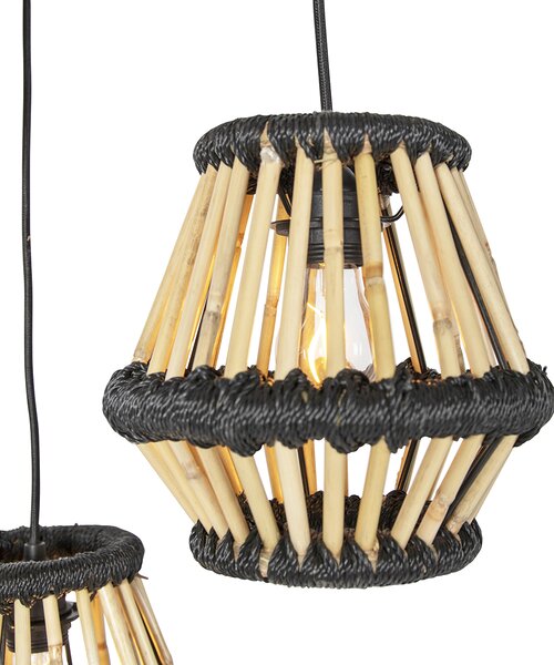 Lampada a sospensione orientale in bambù con paralume rotondo nero 3 luci - Evalin