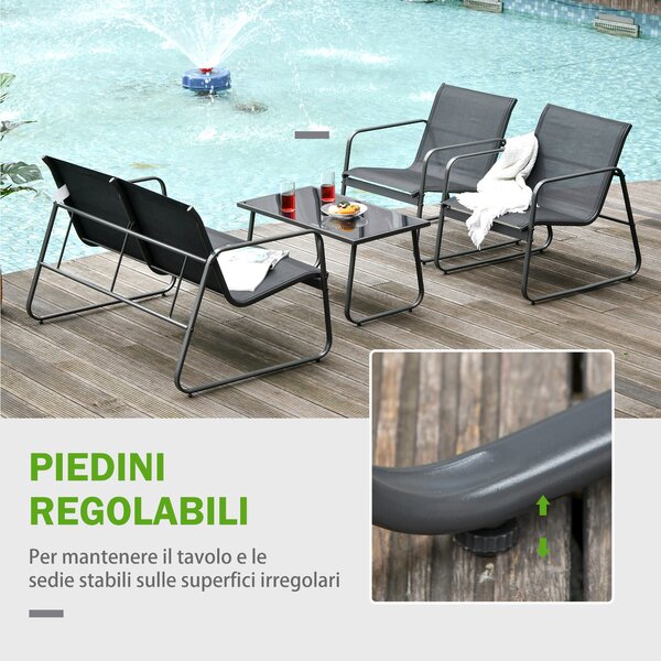 Outsunny Set da Giardino da 4 Pezzi con Tavolino,Panchina e 2 Sedie, Arredamento in Metallo e Texteline, Nero | Aosom Italy