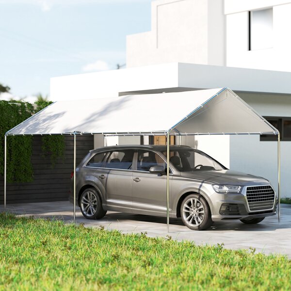 Outsunny Gazebo Copertura per Auto 5.95x2.9m in Acciaio Zincato, Tendone per Auto con Kit di Ancoraggio, Bianco
