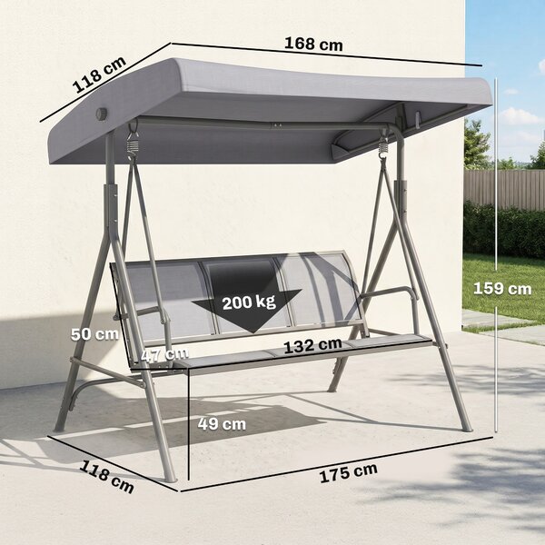 Outsunny Dondolo Giardino 3 Posti con Tettuccio Regolabile in Acciaio e Tessuto Poliestere, Dondolo da Esterno, 175x118x159cm, Grigio | Aosom Italy