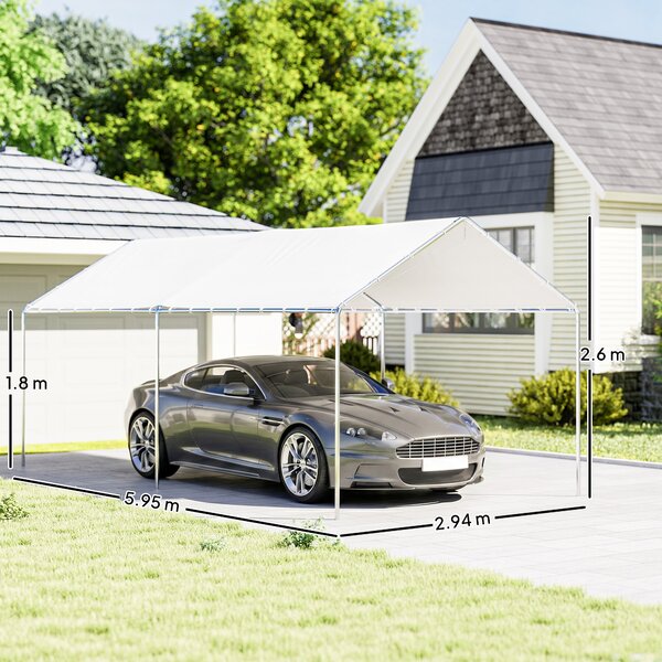Outsunny Gazebo Copertura per Auto 5.95x2.9m in Acciaio Zincato, Tendone per Auto con Kit di Ancoraggio, Bianco