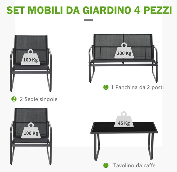 Outsunny Set da Giardino da 4 Pezzi con Tavolino,Panchina e 2 Sedie, Arredamento in Metallo e Texteline, Nero | Aosom Italy