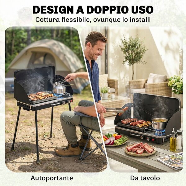 Outsunny 2-in-1 Portatile BBQ a Gas Propano, Griglia e Fornello, 7KW, Nero | Aosom Italy