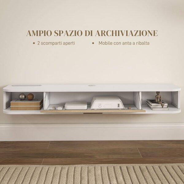 HOMCOM Mobile TV Sospeso in Legno con 2 Ripiani Aperti e Armadietto, 120x26x16 cm, Bianco e Rovere | Aosom Italy