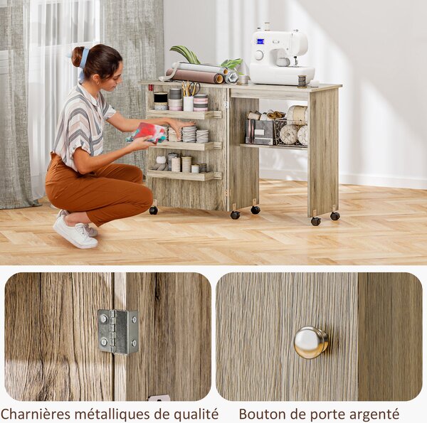 HOMCOM Tavolo da cucito pieghevole mobile da cucito a ribalta con contenitori, scaffale aperto e ruote effetto legno grigio | Aosom Italy