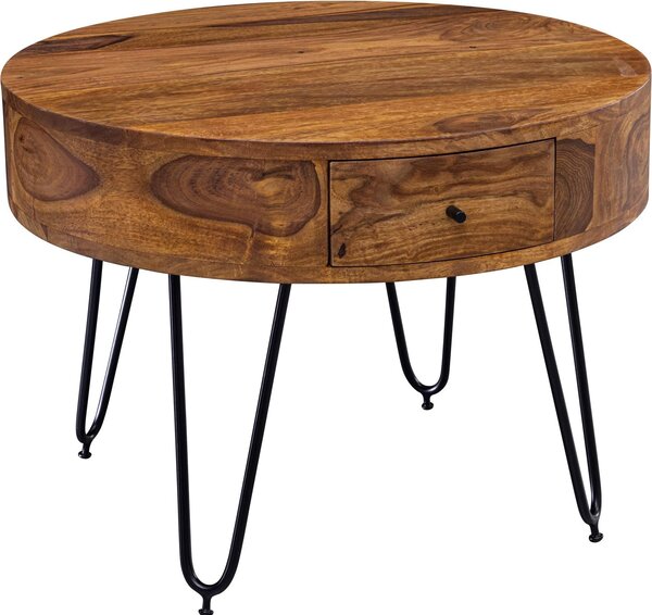 Tavolino WOHNLING, legno massello di sheesham / metallo, 60x44,5x60 cm. Tavolino da salotto, design moderno, con cassetti. Piccolo tavolino rotondo, colore marrone