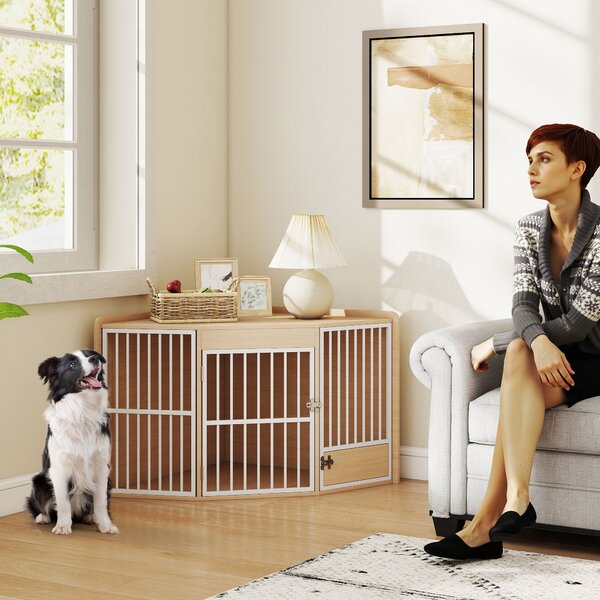 PawHut Gabbia d'angolo per cani, tavolino, con porta girevole, per piccoli e medi cani 113 x 80 x 64 cm, rovere | Aosom Italy