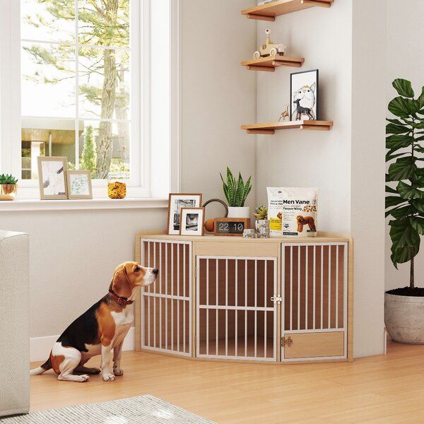 PawHut Gabbia d'angolo per cani, tavolino, con porta girevole, per piccoli e medi cani 113 x 80 x 64 cm, rovere | Aosom Italy