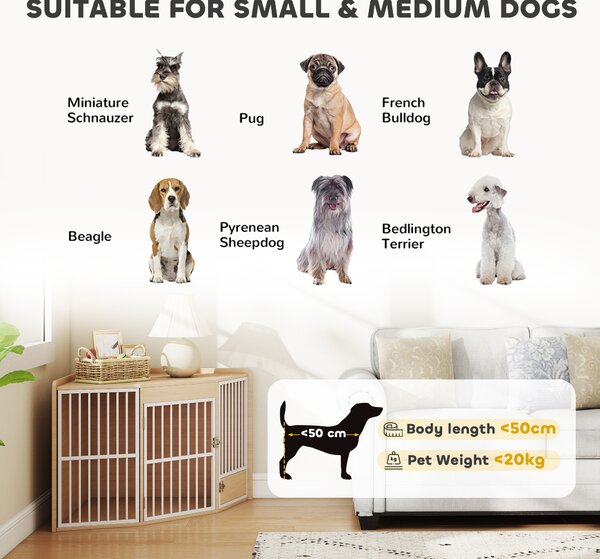 PawHut Gabbia d'angolo per cani, tavolino, con porta girevole, per piccoli e medi cani 113 x 80 x 64 cm, rovere | Aosom Italy