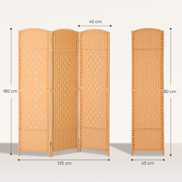 HOMCOM Paravento da interno in legno a 3 pannelli pieghevole, 135 x 180 cm, Marrone chiaro | Aosom Italy