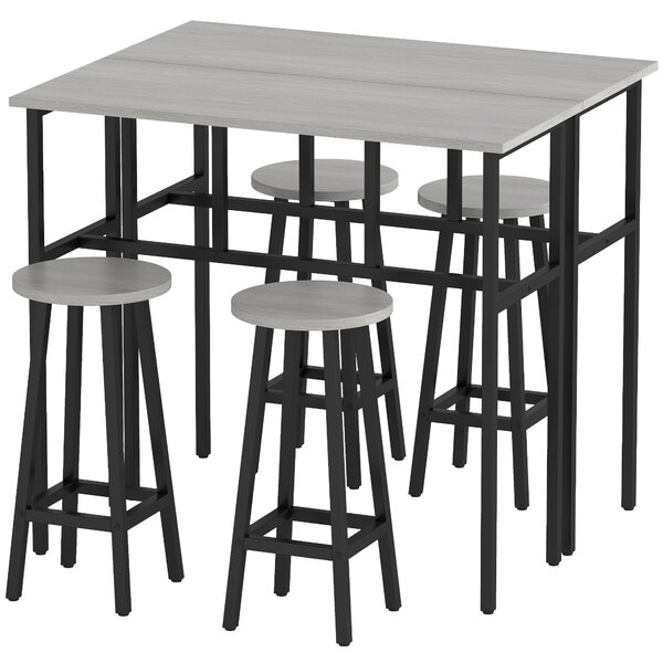 HOMCOM Set da Bar 6 Pezzi con 4 Sgabelli da Bar e 2 Tavoli Alti in Legno Truciolato e Acciaio per Cucina e Soggiorno, Grigio