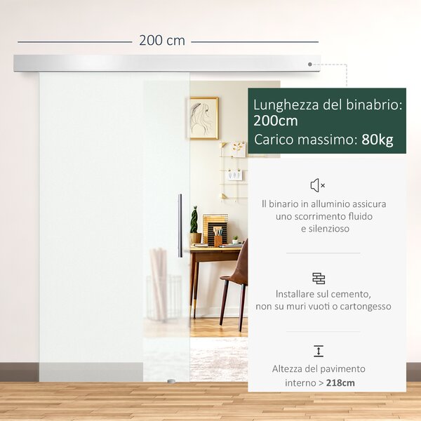 HomCom Porta Scorrevole in Vetro Temperato di sicurezza Porte per Interni con Binario Silenziosoin Alluminio|Aosom