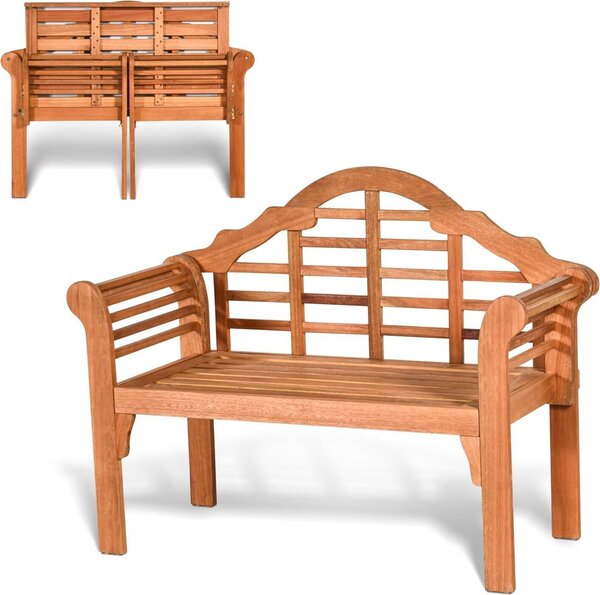 Panchina da giardino pieghevole KOMFOTTEU a 2 posti, panchina in legno di eucalipto, panchina da parco con braccioli e schienale, portata massima 360 kg