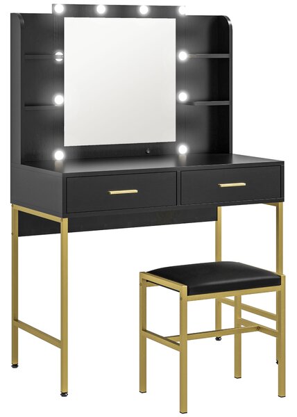 HOMCOM Tavolo da Trucco con 2 Cassetti, 6 Ripiani, Specchio e Sgabello, in Legno e Acciaio, 90x45x132.5 cm, Nero