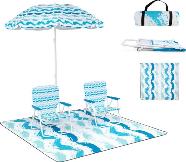 Set KOMFOTTEU composto da 4 mobili da spiaggia, 2 cuscini, 1 tappeto, 1 ombrellone da 175 cm, sedia pieghevole, portata 150 kg, ombrellone inclinabile, regolabile a 30°, con borsa portaoggetti, telo da spiaggia (blu)