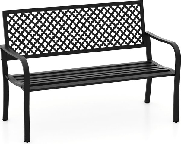 Panchina da giardino KOMFOTTEU in metallo, panca con braccioli, panca da parco per 2-3 persone con una portata massima di 300 kg, panca in metallo per cortile, parco o terrazza, 127 x 62 x 86 cm (nera)