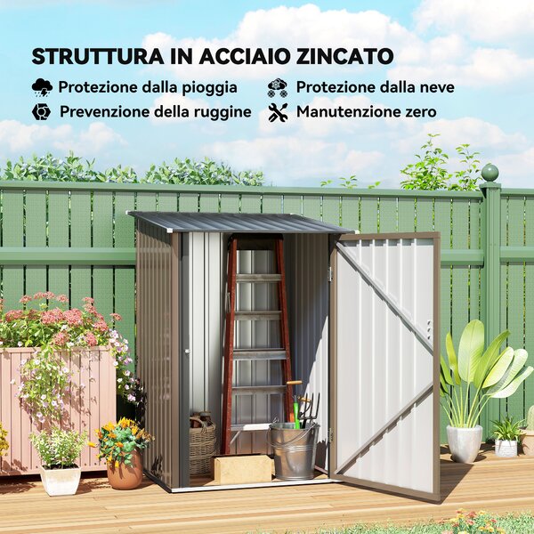 Outsunny Casetta da Giardino Porta Attrezzi in Acciaio Galvanizzato e Porta, 100x103x160cm, Marrone | Aosom Italy