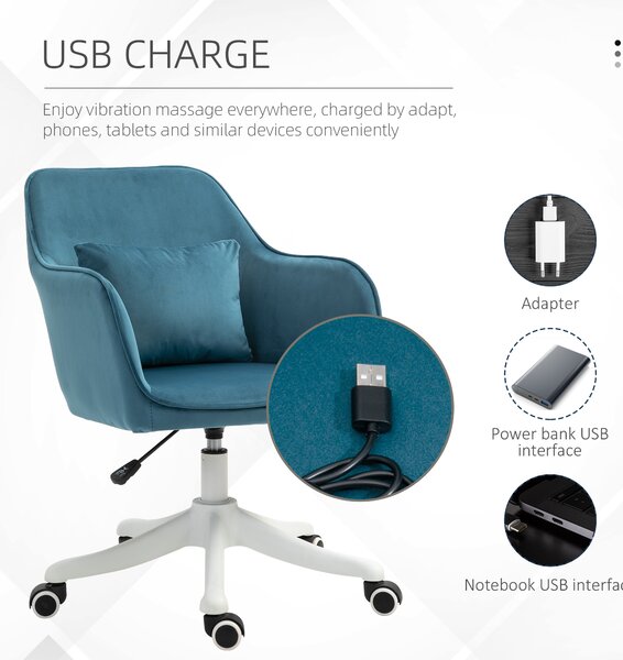 HOMCOM sedia da ufficio in velluto con funzione massaggio con cuscino lombare integrato altezza regolabile girevole a 360° - blu