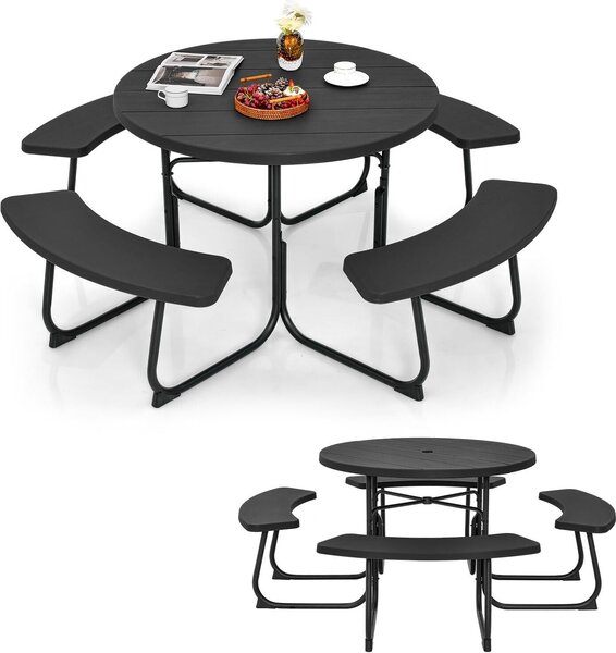 Set da birreria KOMFOTTEU per 8 persone, set da picnic con tavolo rotondo con foro per ombrellone e 4 panche, set di mobili da giardino in HDPE e metallo