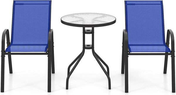 KOMFOTTEU 3 PZ. Set da bistrot, set di mobili da giardino incl. tavolo da giardino con foro per ombrellone e 2 sedie pieghevoli, set da balcone per balcone da giardino (blu)