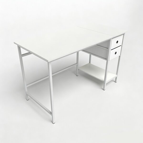 KOMFOTTEU Scrivania da ufficio, scrivania con 2 cassetti in tessuto e ripiano, tavolo da lavoro con struttura in metallo e 2 dispositivi antiribaltamento, scrivania per computer per studio, ufficio, home office, 120 x 60 x 75 cm, bianco/nero