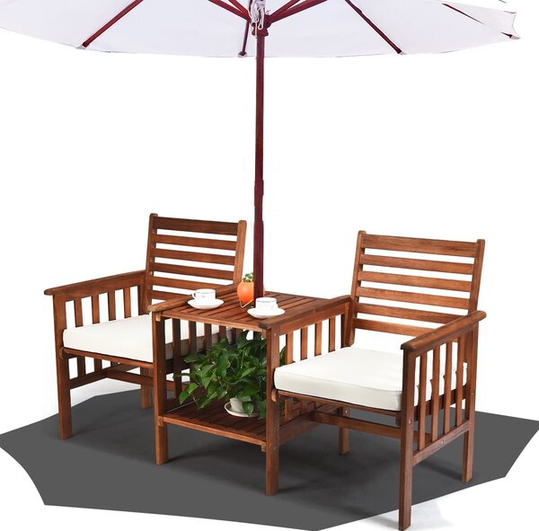 Set di mobili da giardino KOMFOTTEU da 3 pezzi, set da balcone in legno di acacia, set da giardino con foro per ombrellone, set di sedute e set da birreria con cuscini rimovibili, set di mobili da giardino per giardino, balcone e terrazza