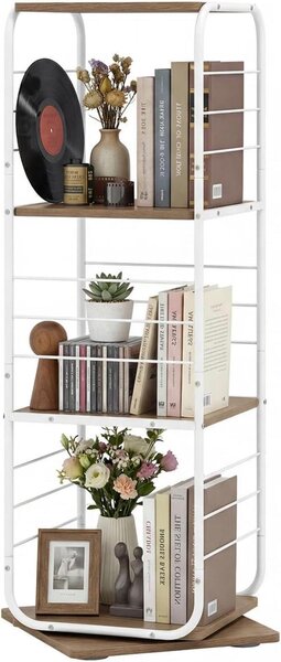 KOMFOTTEU Libreria, girevole a 360 gradi, scaffale angolare a 4 ripiani, salvaspazio, struttura in metallo, per ufficio, studio, soggiorno, 40 x 40 x 115 cm (bianco e naturale)