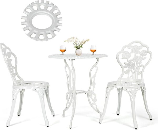 Set di mobili da giardino KOMFOTTEU in 3 pezzi, composto da tavolo da giardino e 2 sedie, set da bistrot in alluminio resistente alle intemperie, set da salotto con motivo a rose per balcone, giardino e terrazza (bianco)