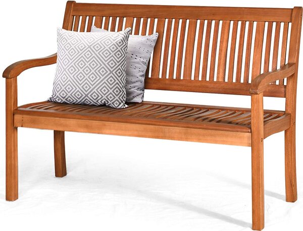 Panchina da giardino KOMFOTTEU, panchina in legno di eucalipto, resistente fino a 360 kg, panchina da parco per balcone, giardino, terrazza, 126 x 63 x 91 cm