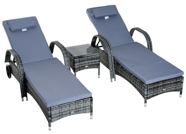 Outsunny Set 3 Pezzi con 2 Lettini Sdraio e 1 Tavolino da Giardino, in Polyrattan Grigio con Materassini Imbottiti e Ruote