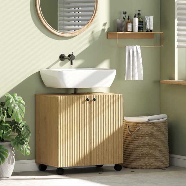 HOMCOM Mobile sotto lavabo 3 ripiani regolabili con ruote, 60cm x 39,8cm x 62cm Legno naturale | Aosom Italy