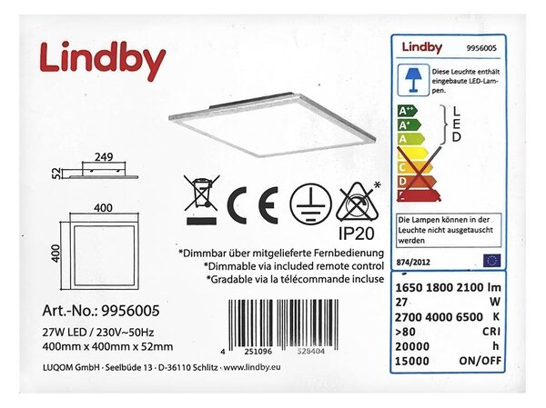 Pannello LED Lindby Livel, CCT, 40 cm x 40 cm