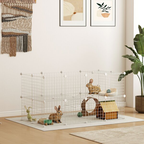 PawHut Recinto per Animali Domestici Piccoli con 36 Pannelli di Metallo Modulabili con Porta, Bianco | Aosom Italy