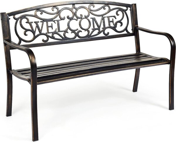 KOMFOTTEU Panchina da giardino in metallo, panchina con schienale e braccioli, panchina da parco resistente alle intemperie, panchina da riposo in ferro, 127 x 63 x 88 cm, per balcone, giardino, terrazza