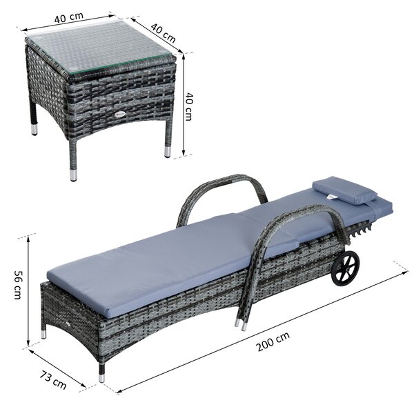 Outsunny Set 3 Pezzi con 2 Lettini Sdraio e 1 Tavolino da Giardino, in Polyrattan Grigio con Materassini Imbottiti e Ruote