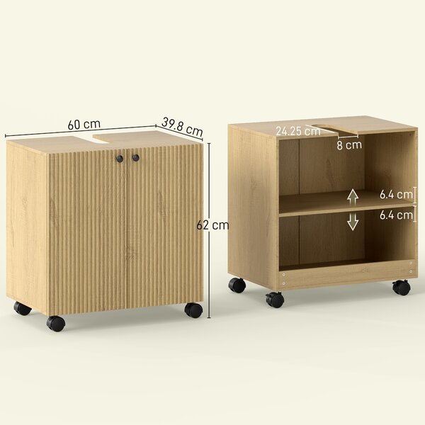 HOMCOM Mobile sotto lavabo 3 ripiani regolabili con ruote, 60cm x 39,8cm x 62cm Legno naturale | Aosom Italy