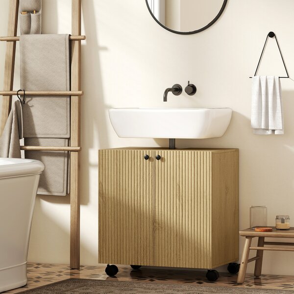 HOMCOM Mobile sotto lavabo 3 ripiani regolabili con ruote, 60cm x 39,8cm x 62cm Legno naturale | Aosom Italy