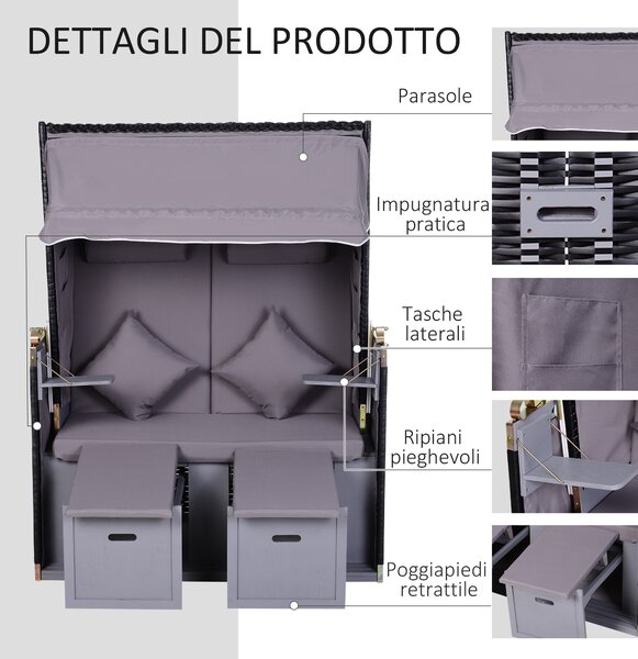 Outsunny Sdraio da Spiaggia Reclinabile a 2 Posti con Tettuccio Parasole e Cassetti, Schienale regolabile in 5 livelli, Grigio | Aosom Italy