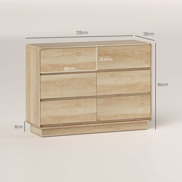 HOMCOM Credenza con 6 Cassetti Spigoli Arrotondati per Soggiorno Cucina Ingresso Ufficio 120x38x86 cm Naturale | Aosom Italy