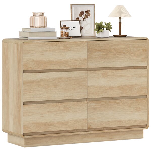 HOMCOM Credenza con 6 Cassetti Spigoli Arrotondati per Soggiorno Cucina Ingresso Ufficio 120x38x86 cm Naturale | Aosom Italy