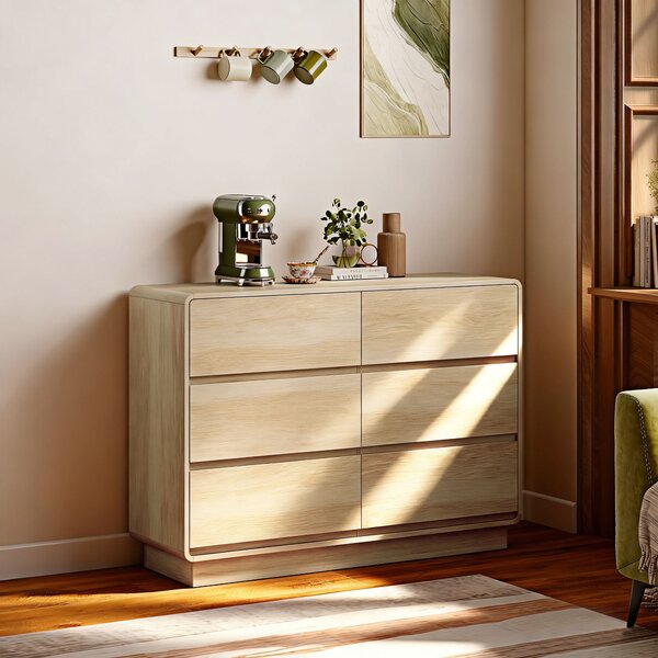 HOMCOM Credenza con 6 Cassetti Spigoli Arrotondati per Soggiorno Cucina Ingresso Ufficio 120x38x86 cm Naturale | Aosom Italy