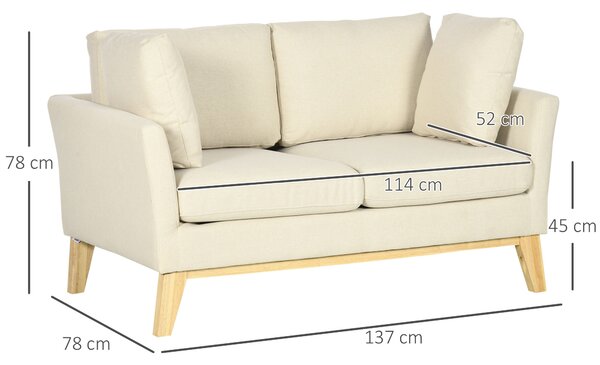 HOMCOM Divano da 2 Posti in Legno di Eucalipto e Tessuto Effetto Lino con 2 Cuscini, 137x78x78 cm, Beige | Aosom Italy