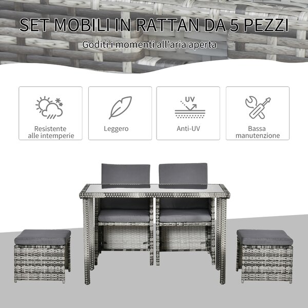 Outsunny Set 11 Pz Tavolo da Giardino con Sedie, Pouf e Cuscini, in Rattan PE, Grigio