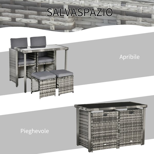 Outsunny Set 11 Pz Tavolo da Giardino con Sedie, Pouf e Cuscini, in Rattan PE, Grigio