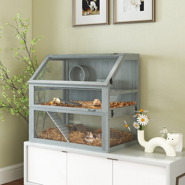 PawHut Gabbia per criceti in legno, 3 piani con fondo profondo, livelli rimovibili, per piccoli animali, 80x50x76cm, Grigio chiaro | Aosom Italy